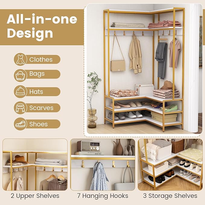 Giantex Corner Coat Rack with Shoe Bench, L-Shaped Garment Rack with 5 Shelves & 7 Hooks, Heavy Duty Freestanding Clothes Racks Entryway Bench with Shoes Organizer for Hallway (White & Gold)