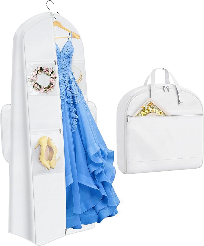 MISSLO 2-in-1 Wedding Dress Garment Bag 70" Dress Bags for Gowns Long with 5 Bride Accessories Pockets & Adjustable Handles Trifold Dresses Cover for Travel and Closet Storage, White