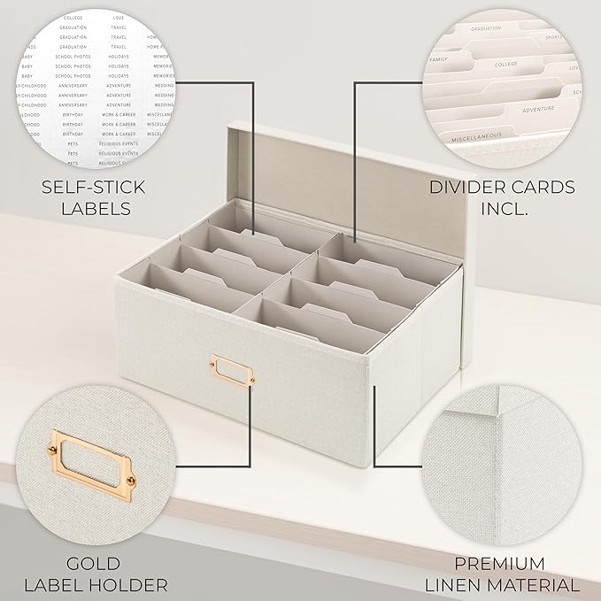 ZICOTO Decorative Photo Storage Box - Sturdy Linen Photo Organizer with Dividers is Perfect to Store Up to 1700 Pictures and 5x7 Photos - Portable Scrapbook Storage Containers with Lid