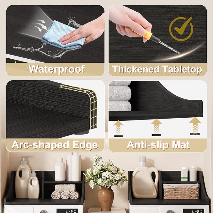 Laundry Countertop Single, 2-Tier Washer Dryer Countertop Laundry Topper with Edge and Non-Slip Pad for Washer Dryer Laundryroom Counter Storage Organization, Black 27‘’