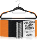 Yolife Cascading Plastic Clothes Hangers 20 Pack with Inner Hook for Vertical Storage, Slim Space Saving Hangers with Non-Slip Pads, 360° Swivel Metal Hook, Versatile, Black & Orange