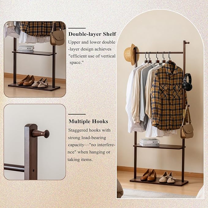 Clothes Rack Solid Wood Coat Rack with Shelves and Hooks – Garment Clothing Rack Coat Rack with Storage for Hallway, Bedroom, Living Room, 23.6 inch, Walnut