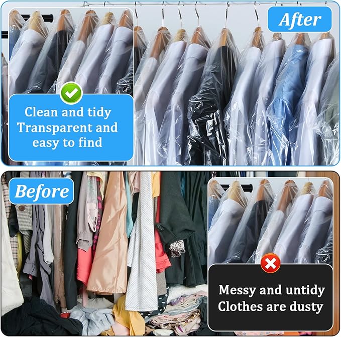 100 Pack Plastic Dry Cleaning Bags Garment Bags for Hanging Clothes Clear Dry Cleaner Covers Transparent Dust-Proof Clothing Covers for Suits Coats Uniforms Laundrette(23.6x35.4 Inch)