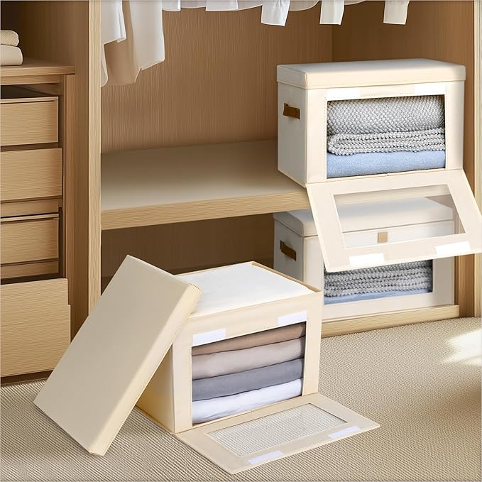 Small Fabric Storage bins - Collapsible Storage Bins with Open Window, 2 Pack Closet Baskets for Shelves, Stackable Decorative Boxes for Home, Dorm, Beige, 13.7"x 9.8"x 9.8"