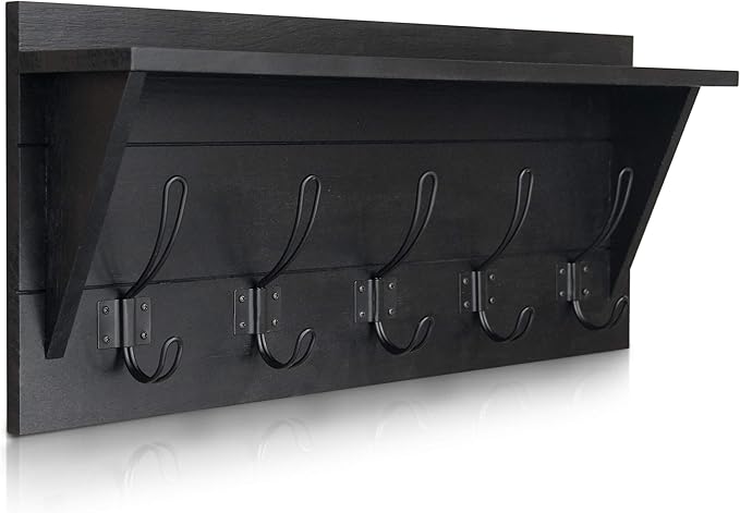 Wall Mounted Coat Rack Shelf, Rustic Wooden Country Style 24" Entryway Shelf with 5 Rustic Hooks featuring Solid Pine Wood. Perfect touch for your Entryway, Mudroom, Kitchen, Bathroom and More, Black