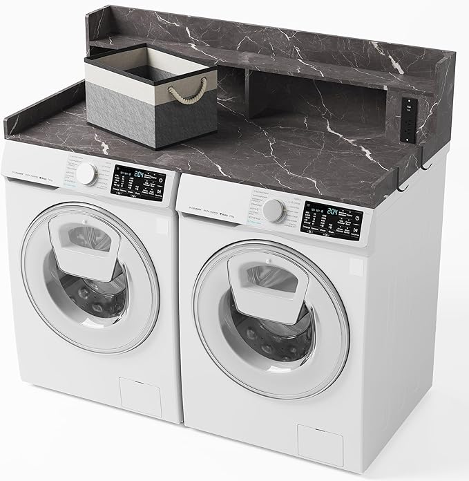 Upgraded 2-Tier Washer and Dryer Countertop with Power Outlet,54" W x 27.6" D Large Laundry Countertop for Fold Clothes, Laundry Topper with Non-Slip Pads & Metal Hooks and Storage Basket