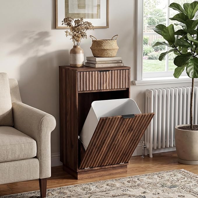 Tilt-Out Trash Cabinet with 10-Gallon Capacity, Walnut Laundry Hamper Cabinet, 34.3 x 19 x 13.8 inches, Wave-Textured Front.
