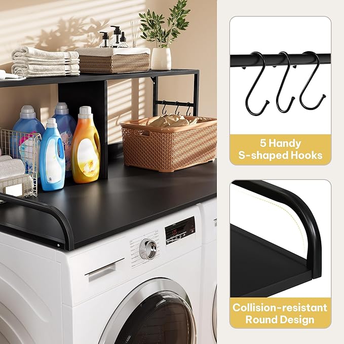 DWVO 2-Tier Washer Dryer Countertop with Shelf, 53" W x 27.6" D with 2.8" Edge Rails & 2 Hooks, Laundry Countertop for Organization, Washer and Dryer Topper, Black