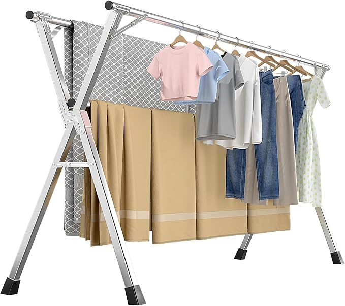 63 Inches Heavy - Duty Stainless Steel Folding Clothes Drying Rack Clothing Indoor Outdoor Anti-Rust 20 Windproof Hooks Portable & Foldable Laundry Rack (63'')