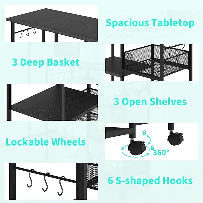 HapiRm Rolling Kitchen Carts with Storage - Microwave Table Stand with 6 Hooks & 3 Baskets, kitchen Island Cart on Lockable Wheels, 28.3" L × 14.6" W Bakers Rack Cart for Dining Room Coffee Bar Office