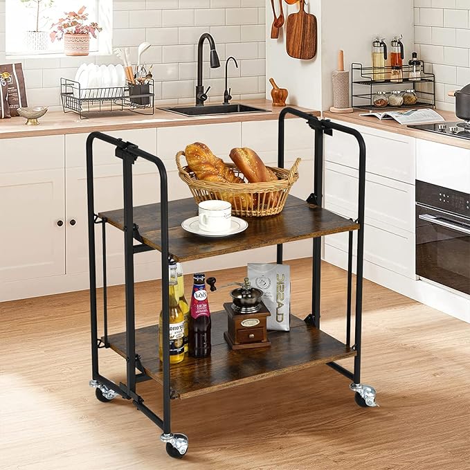 Giantex Foldable Storage Shelves with Wheels, No Assembly 2-Tier Rolling Cart, 2 of The Wheels Have Locks, Microwave Utility Cart Baker Rack, Portable Storage Rack w/Metal Frame, for Kitchen, RV