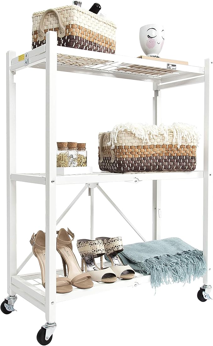 Origami R3 3-Tier Foldable Garage Shelving Heavy Duty Shelving Holds 750 pounds, Garage Storage Rack, Pre-Assembled Utility Rolling Shelf with Wheels | 29" W x 13" D x 35.5" H (White, R3)