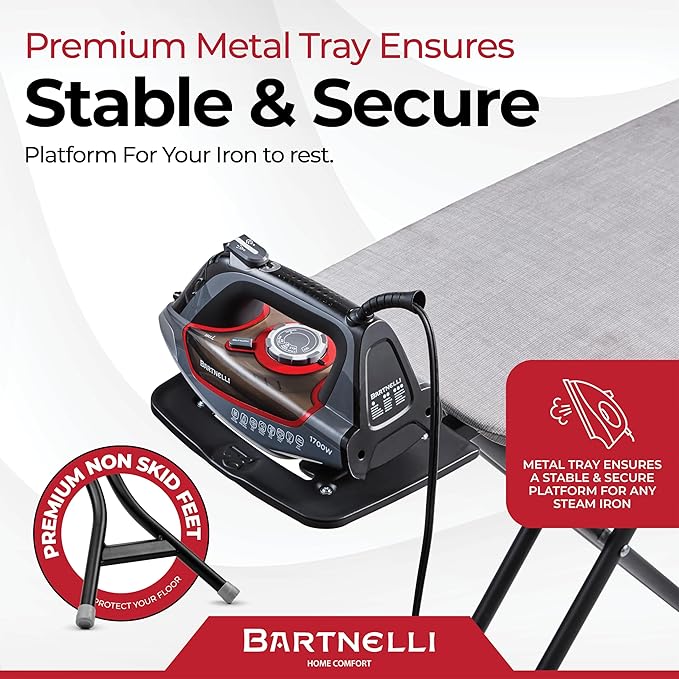 Bartnelli Extreme Stability Ironing Board 43x13 Upgraded Heavy-Duty Metal Frame & Iron Rest, Height Adjustable, Foldable, 4 Non-Skid Feet, 4-Layer Cover & Pad, Made with Patent European Engineering
