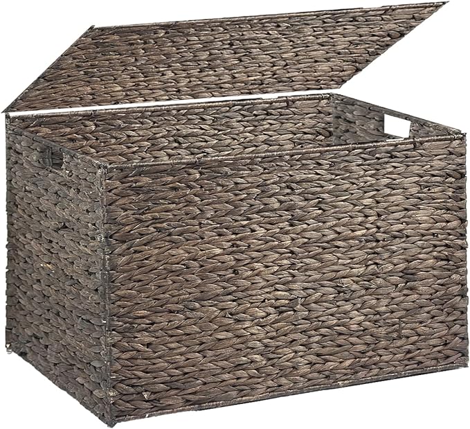 Water Hyacinth Storage Basket with Lid, 52.8 Gallon (200L) Wicker Storage Trunk with Handles, Handwoven Large Wicker Storage Basket for Blanket, Foldable, for Living Room, Bedroom, Brown