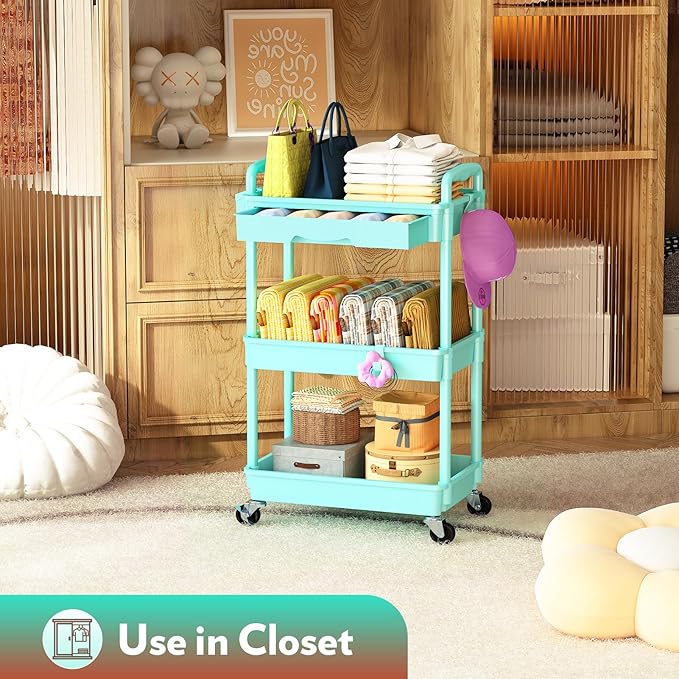 Makeup Cart Organizer with Drawers, Floor Skincare Organizers Vanity Storage Organizer, Rolling Makeup Bathroom Storage Cart Cosmetics Display Cases for Skin Care Perfume Nail Polish, Blue