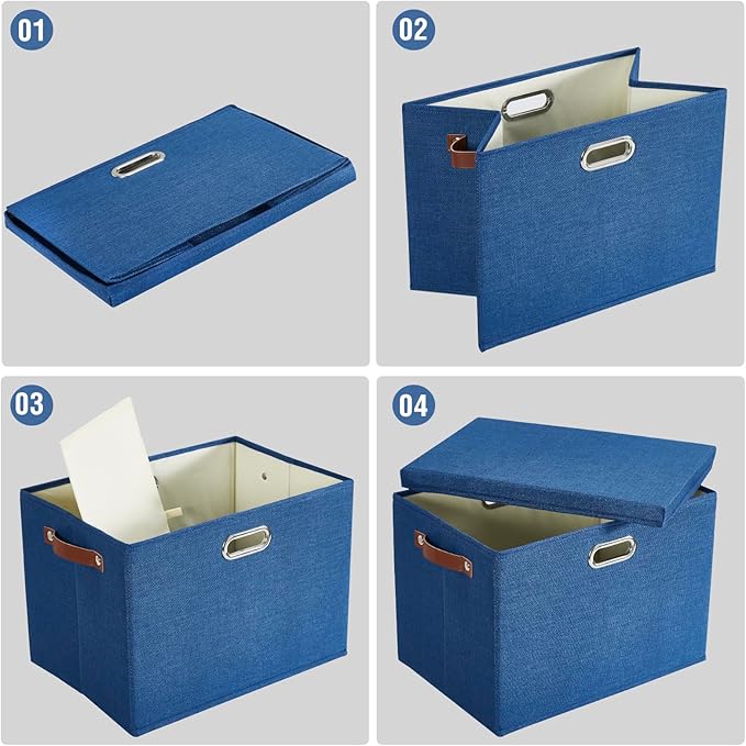 15" Large Collapsible Storage Bins with Lids, Stackable Closet Organizers with PU Handle and Labels, 3-Pack Decorative Fabric Storage Boxes for Home, Bedroom, Closet, Office, Nursery(Navy Blue)