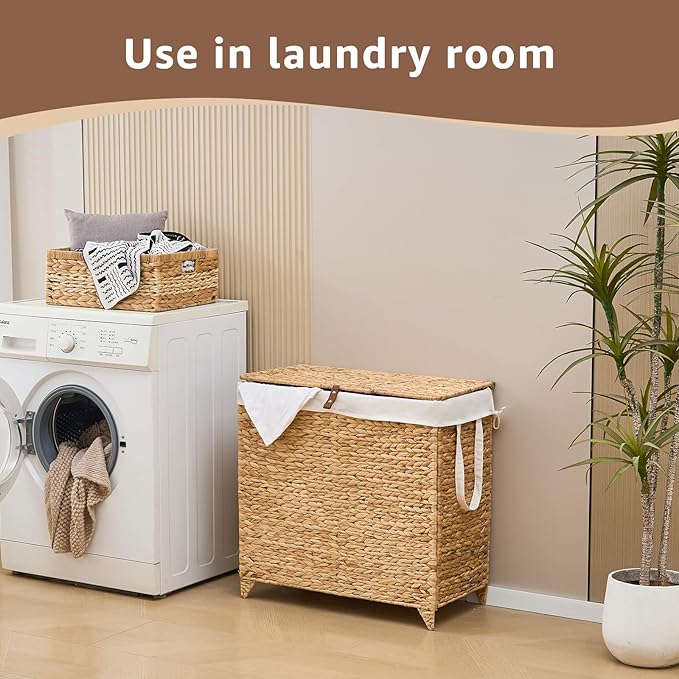 Handwoven Laundry Hamper with Lid, Natural Hyacinth Heightened Feet Laundry Basket, Wicker Clothes Hamper with Removable Liner Bag (Natural-A, 120L)