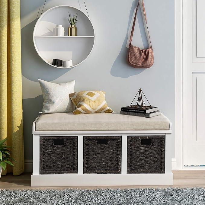 Merax Rustic Shoe Storage Bench with 3 Removable Rattan Basket Entryway Bench with Seat Cushion Multipurpose White