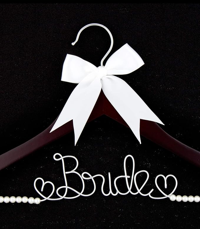 Ella Celebration Bride to Be Wedding Dress Hanger Wooden and Wire, Accented with Pearls and A Bow Bridal Hangers for Brides (Mahogany with Silver Wire and Pearls)