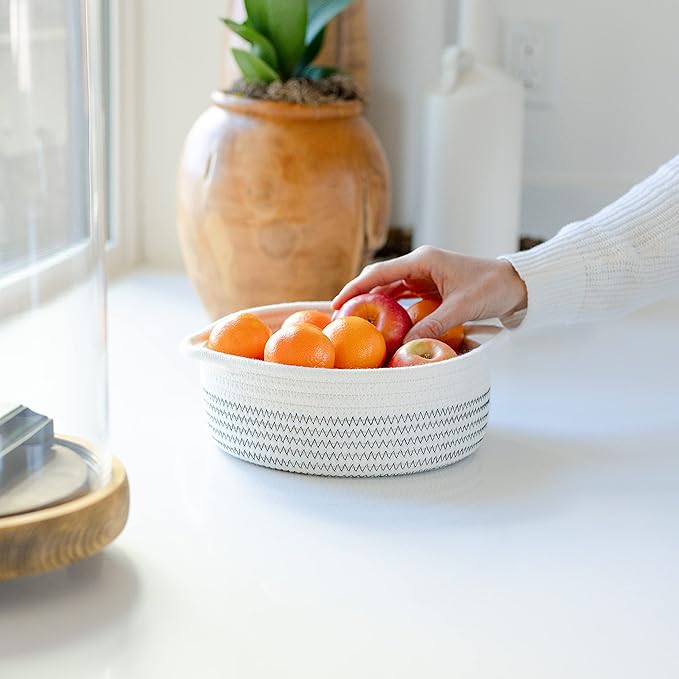 NaturalCozy 5-Piece Round Small Woven Baskets Set– Cotton Rope Baskets for Organizing! Montessori Toys, Fruits Remotes Key Tray Bowl for Entryway Desk, Shallow Catchall Home Décor, Cat Dog Bin Gift