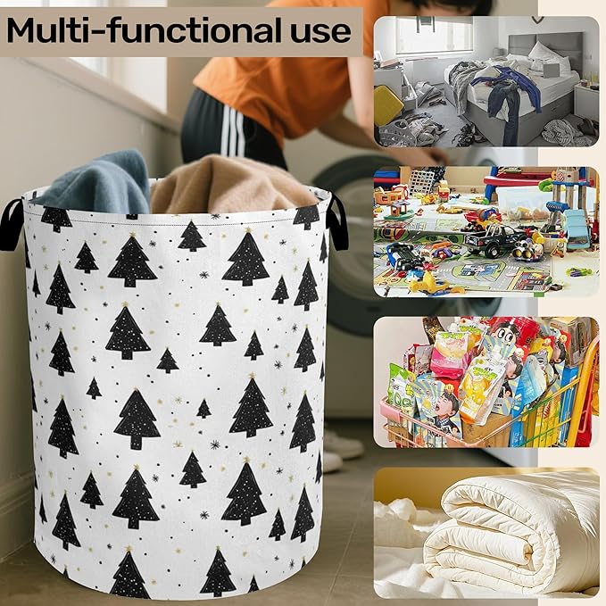 Pine Tree Stars Foldable Canvas Laundry Basket with Handles - Toy Organizer, Heavy Duty for Home，Bedroom, Dorm, Bathroom