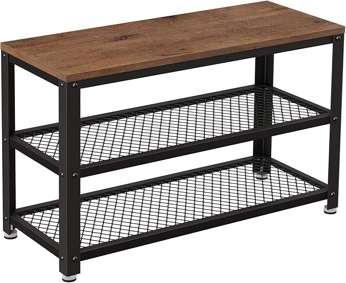 VASAGLE 3-Tier Shoe Rack, Shelf Storage Bench with Metal Mesh Shelves and Seat, Free Standing Shoe Organizer for Entryway, 11.8 x 28.7 x 17.7 Inches, Hazelnut Brown and Black ULBS073B03