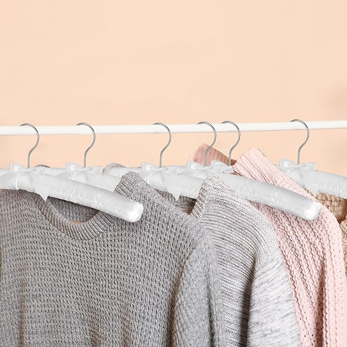 24Pack Non Slip Padded Hangers for Clothing, Satin Hanger Padded, SOFE Foam Padded Hangers for Women Sweaters Coat Blouses Dresses, No Shoulder Bump, White