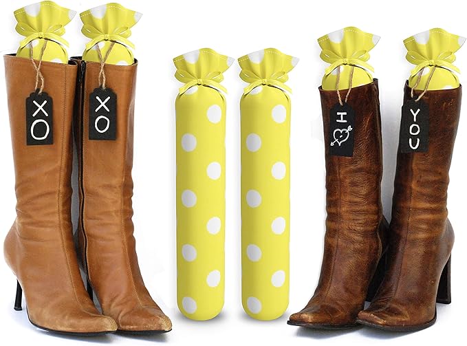 Boot Shaper Stands for Closet Organization - Keeps Them Shaped Properly - Many Patterns to Choose from - 1 Pair (Yellow with White Polka Dots)