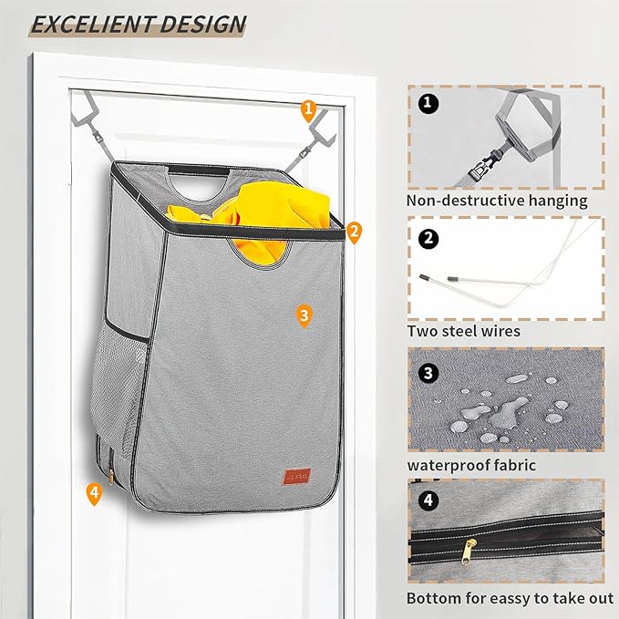 Ligereza Hanging Laundry Hamper Bag is Suitabled for Any Door,Large Capacity Hanging Laundry Basket Won't Scratch the Door Paint,Over the Door Laundry Hamper with Big Metal Rim Opening