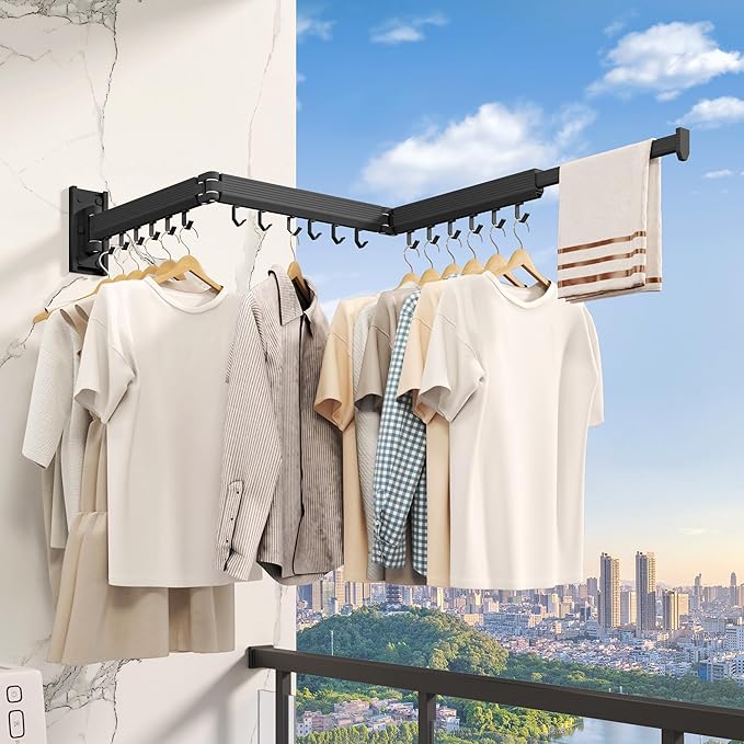 Wall Mounted Clothes Drying Rack, Collapsible Laundry Drying Rack, Retractable Foldable Drying Rack Clothing for Hanging Clothes,Black-Hooks
