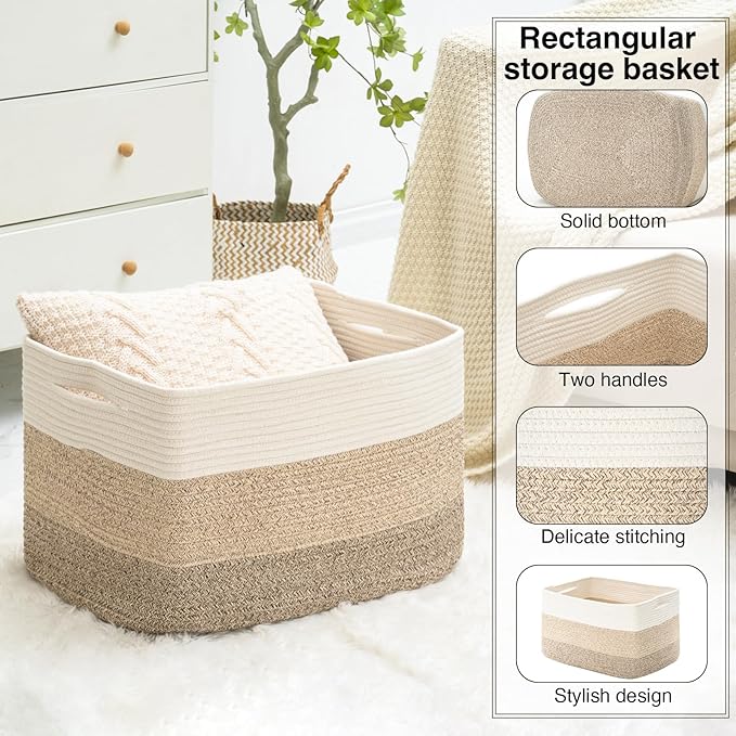 Large Rectangle Blanket Basket, Large Storage Basket for Organizing, Cotton Rope Woven Basket for Storage with Handles, Baby Nursery Living Room Bedroom, 22”x17”x12”, 75L
