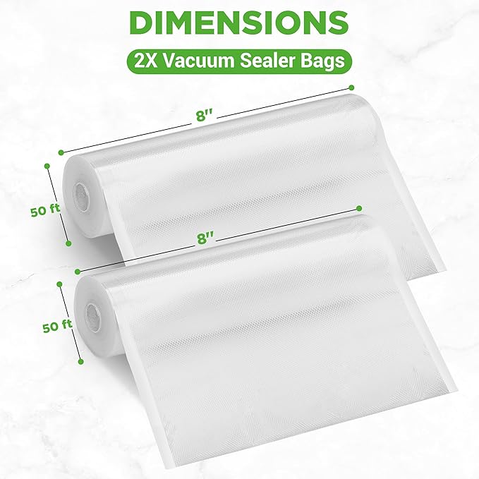 NutriChef Vacuum Sealer Bags 8x50 Rolls 2 pack Compatible with All Brands, Commercial Grade, Heavy Duty, Great for vac storage, Meal Prep or Sous Vide