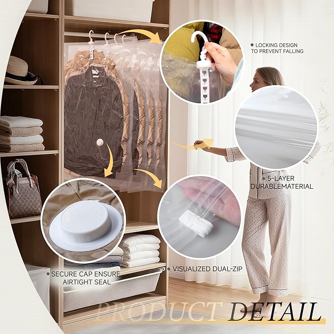 Hanging Vacuum Storage Bags,Hanging Vacuum Sealer Storage Space Saver Bags for Clothes, Suits, Coats, Dresses or Jackets, Reusable Compressed Vacuum Bags Closet Organizers,Long 5 Pack(53.1x27.6in)