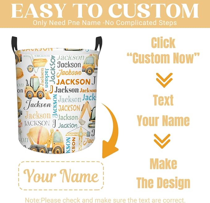 Personalized Construction Truck Laundry Basket, Custom Laundry Hamper With Name Gifts For Kids Baby Adults, Collapsible Dirty Clothes Storage Organizer With Handles S 16.5 X 13.8in