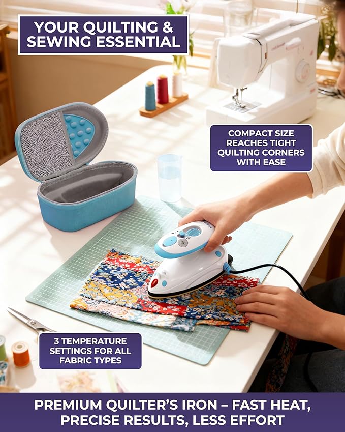 The Quilted Bear Premium Mini Steam Iron - Lightweight Mini Travel Iron for Effortless Quilting & Wrinkle-Free Clothes with Carry Case & Iron Rest Set - Travel Steamer for Clothes & Crafts (Blue)