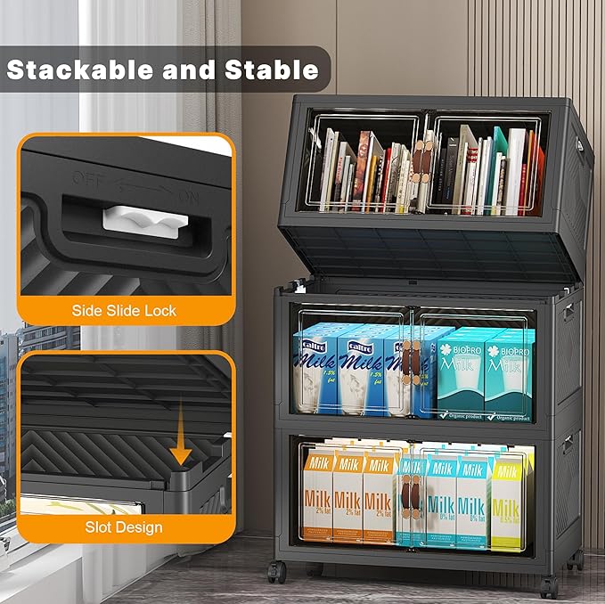 Extra Large Stackable Storage Bins with Lids & Wheels & Door,Foldable Collapsible Closet Organizers, Plastic containers drawers for bedroom Dorm (Dark-55qt, 6Pack with 2 top lids)