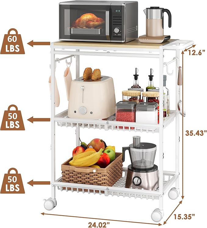 Microwave Kitchen Cart with 2 Lockable Wheels, White Kitchen Storage Cart with Push Handle, 3 Tier Rolling Cart with 210Lbs Capacity for Kitchen Island, Restaurant, Coffee Bar, Living Room, Office