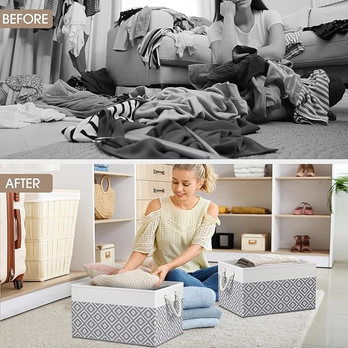 Storage Bins, 3-Pack Large Storage Box with Rope Handles, Collapsible Storage Basket for Organizing Books, Clothes, Rhombic Grey