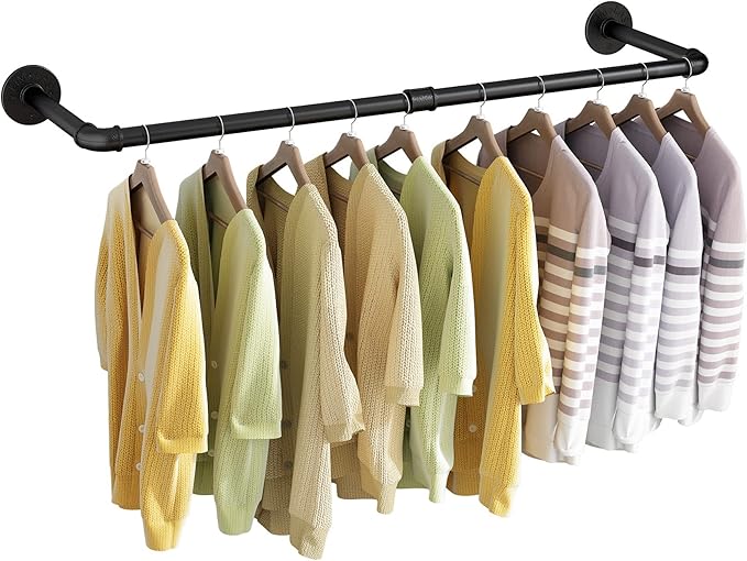 Wall Mounted Clothes Rack 24in, Industrial Pipe Wall Mount Clothing Rack, Heavy Duty Iron Garment Racks, Space Saver Multi-purpose Hanging Rod for Laundry Room, Closet Storage, 1 Pack