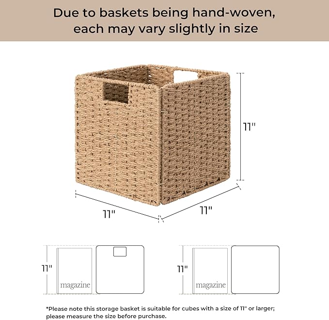 StorageWorks 11 inch Wicker Baskets, Handwoven Storage Cubes with Handles, Foldable Paper Rope Basket for Organizing, Natural, 2 Pack