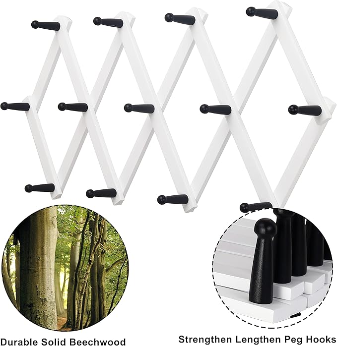 Dseap Accordian Wall Hanger: 16” High Wooden Wall Expandable Coat Rack, Hat Rack Holder, Accordion Hook for Baseball Caps, Coats, Mugs, 13 Peg Hooks, White & Black
