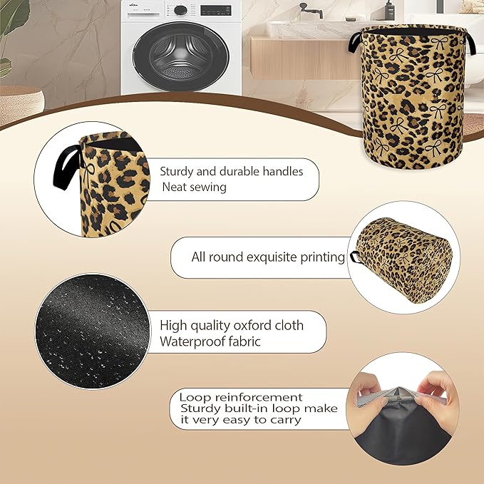 Brow Leopard Laundry Basket,Black Bow Clothes Hamper,Oxford Cloth Collapsible Nursery Hamper Storage Organization for Bedroom,Bathroom,Office,College Dorms,16x20 Inch