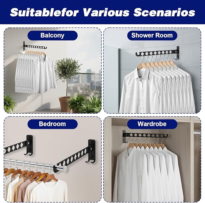 2Pcs Wall Mount Coat Hanger, Black Clothes Drying Organizer Rack, Retractable Folding Indoor Wall Mounted Holder, Closet Storage Organizer for Laundry Room Bedroom with 40cm Rod
