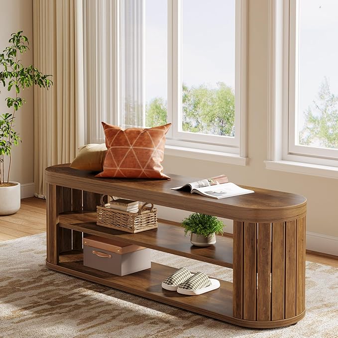 Tribesigns 47.2" Wooden Entryway Bench with 2-Tier Shoe Storage, Farmhouse Dining Bench with Adjustable Foot Pads, End of Bed Stool for Bedroom, Hallway, Living Room, Dining Room, Rustic Brown