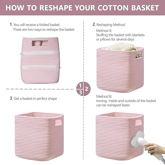 UBBCARE Set of 4 Storage Basket-12 X 12 X 12 in, Cotton Rope Basket for Shelves, Toys, Book, Cube Storage Bins with Handles, Woven Storage Basket for Organizing, Pink
