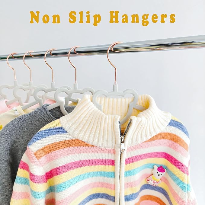60 Pack Gray Velvet Kids Clothes Hangers - 12.6in for Ages 4-10, with Cute Bear, Rotating Rose Gold Hook, Non-Slip, Space-Saving Slim Felt Hangers for Toddler Coats, Jackets, Dresses