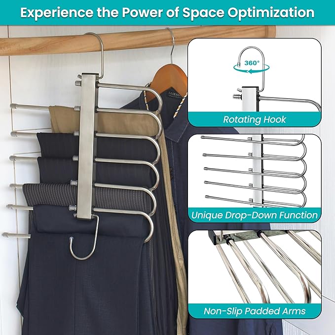 Closet Organizer with Drop-Down Innovation for Pants Skirts Jeans Scarves | Heavy-Duty Metal and Wooden Hangers with Non-Slip Padding for Room Essentials | USTECH Multi Tier Slack Organizer