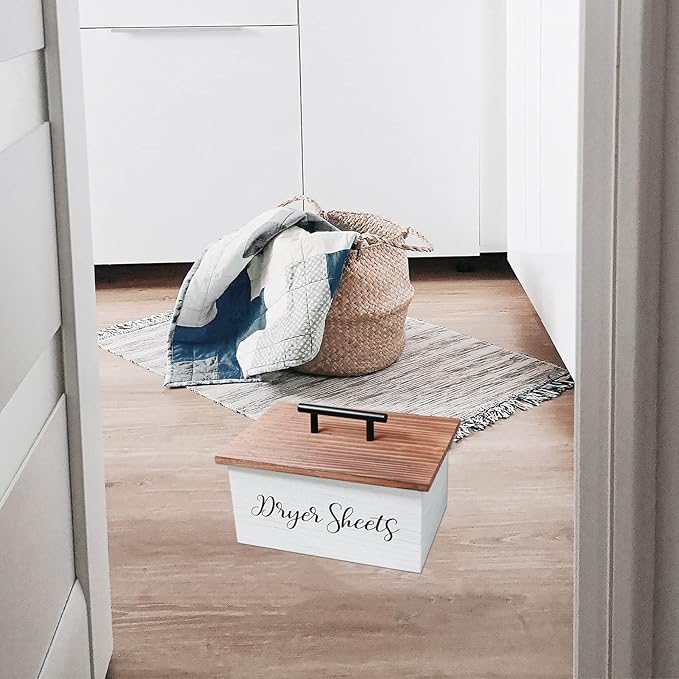 Dryer Sheet Holder, Farmhouse Dryer Sheet Dispenser, Wood Dryer Sheet Container Box with Lid, Rustic Dryer Sheet Caddy, Fabric Softener Storage Organizer Bin for Laundry Room Decor