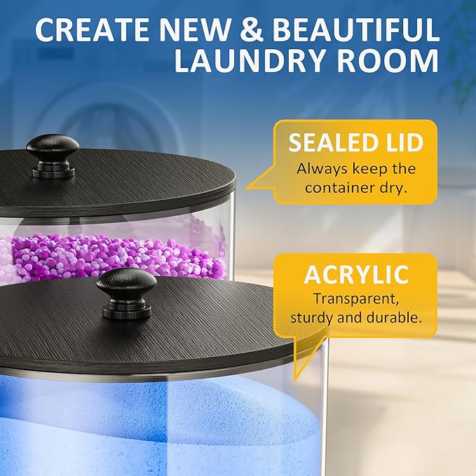 4 Pack Laundry Pods Container, Clear Laundry Room Organization Containers,Large Acrylic Detergent Powder Storage Containers Black Wooden Lids & Labels, Dryer Sheet Holder