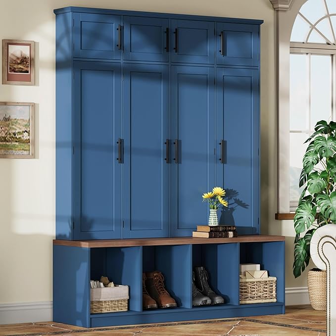 75" H Farmhouse Hall Tree with Storage, Versatile 4-in-1 Coat Hanger with 4 Hidden Hanging Hooks, 8 Doors, Entryway Shoe Cabinet with Open Compartments for Living Room